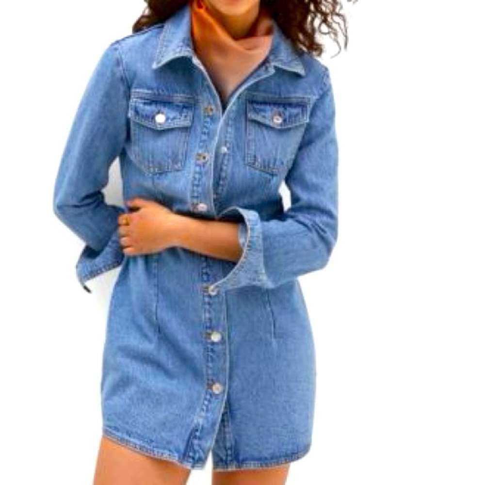 NWT MNG Mango denim dress sz XS US 2 jacket pockets mini shirt style long sleeve